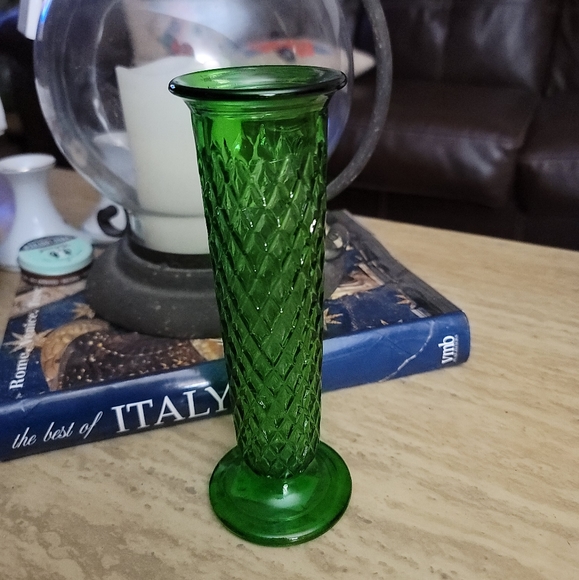 Vintage green glass bud vase